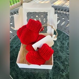 Red hand knitted infant mittens/booties gift set